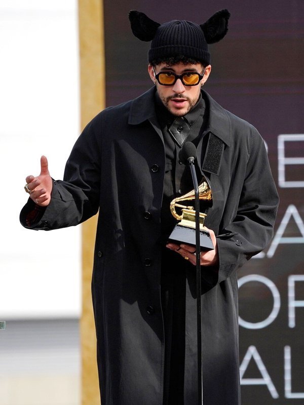 Grammy Awards 2021 Bad Bunny Black Trench Coat
